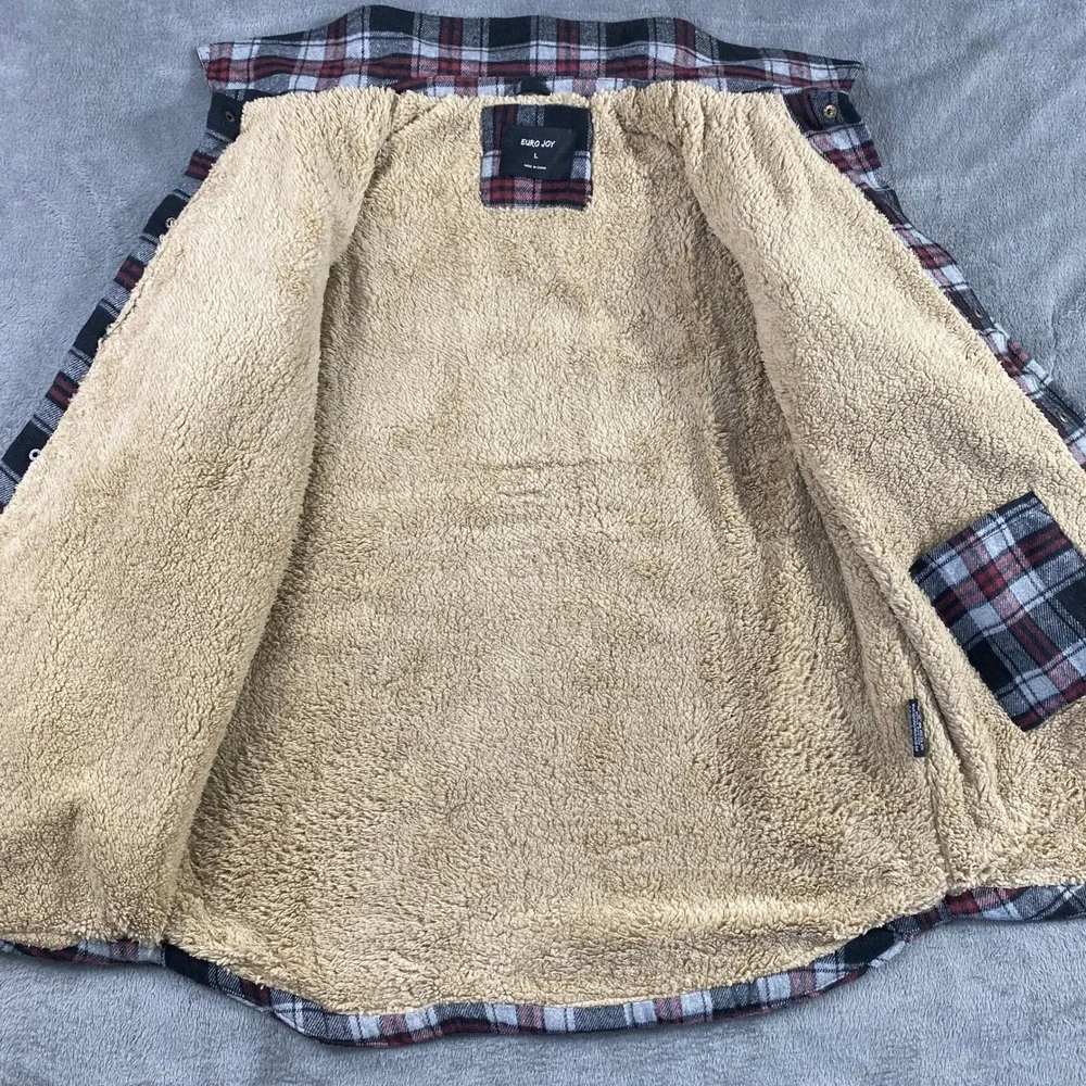 EURO JOY Flannel Shirt Jacket Men L Sherpa Lined Plaid Shacket Snap Outdoor Warm